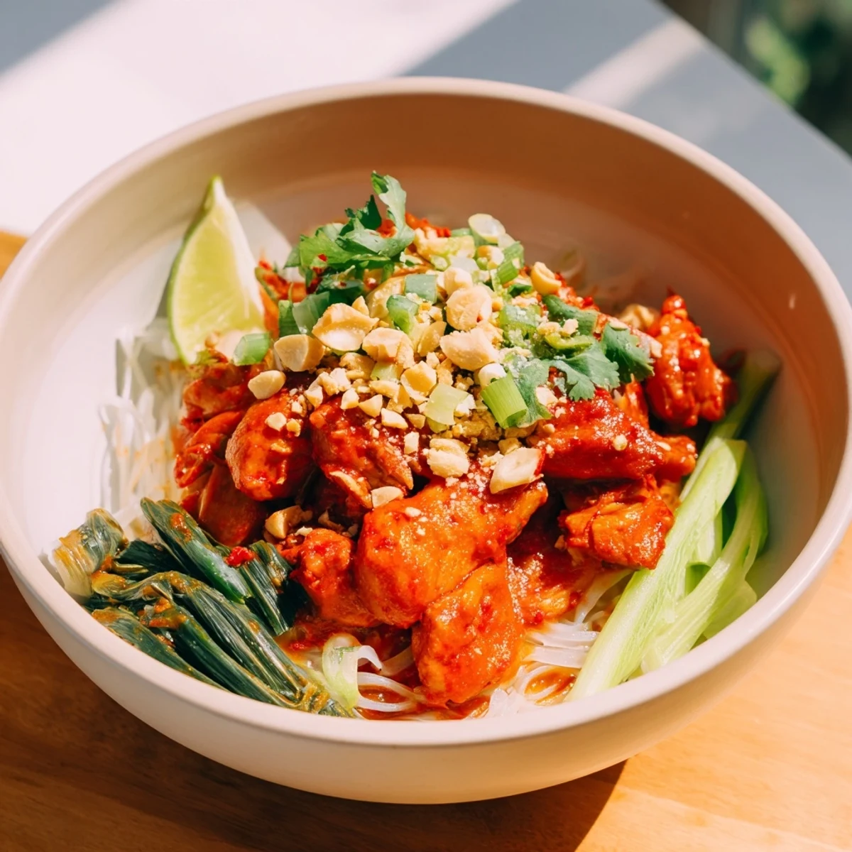 Bowl of savory Shan Noodles featuring tender chicken in tomato sauce with crunchy peanuts