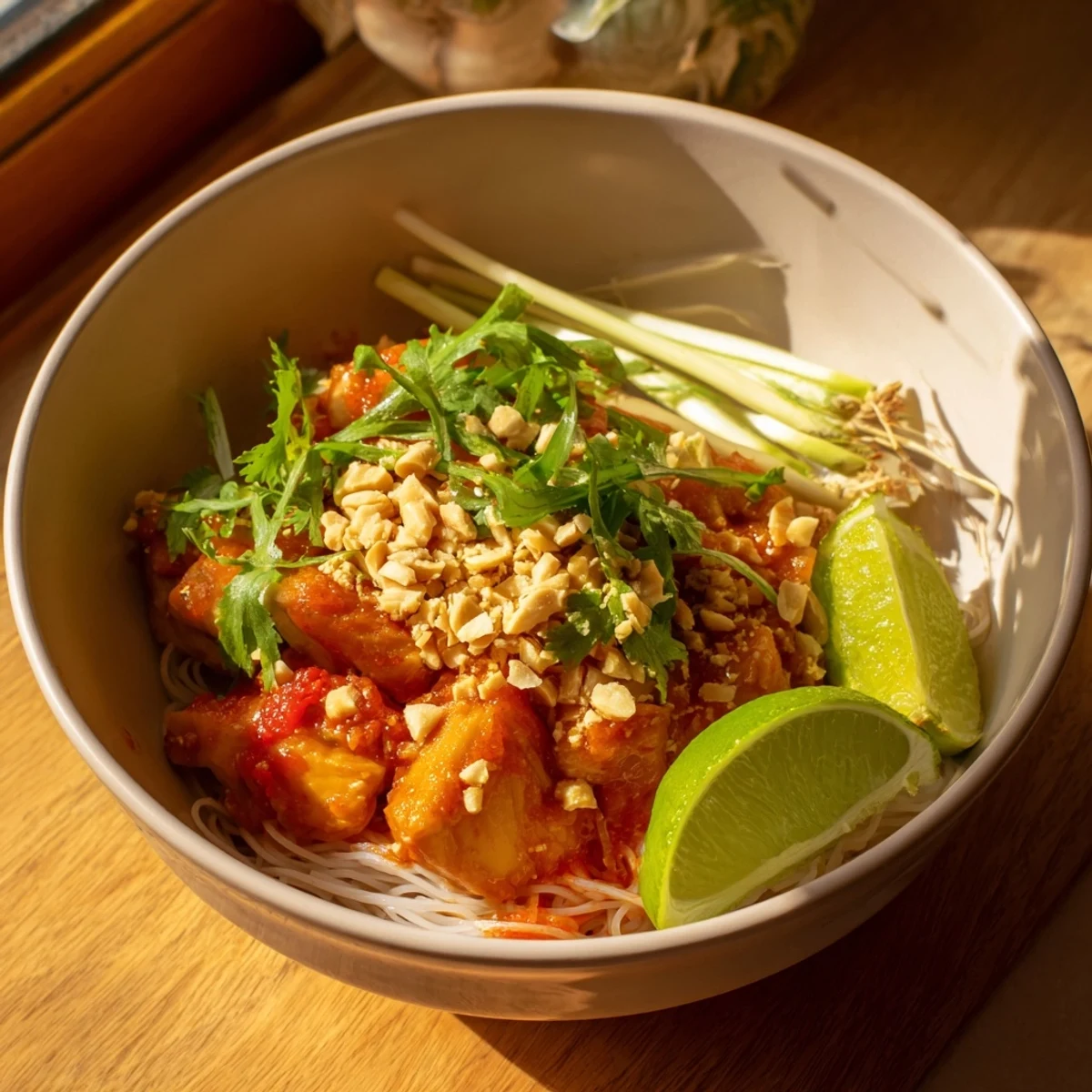 Comforting Shan Noodles with rice noodles, chicken, pickled greens, peanuts, and lime wedges