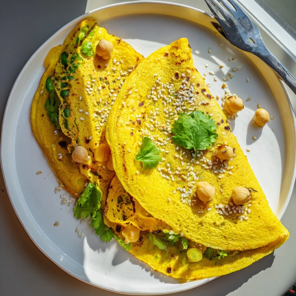 Golden Mont Lin Ma Yar rice flour pancakes topped with quail eggs and fresh herbs
