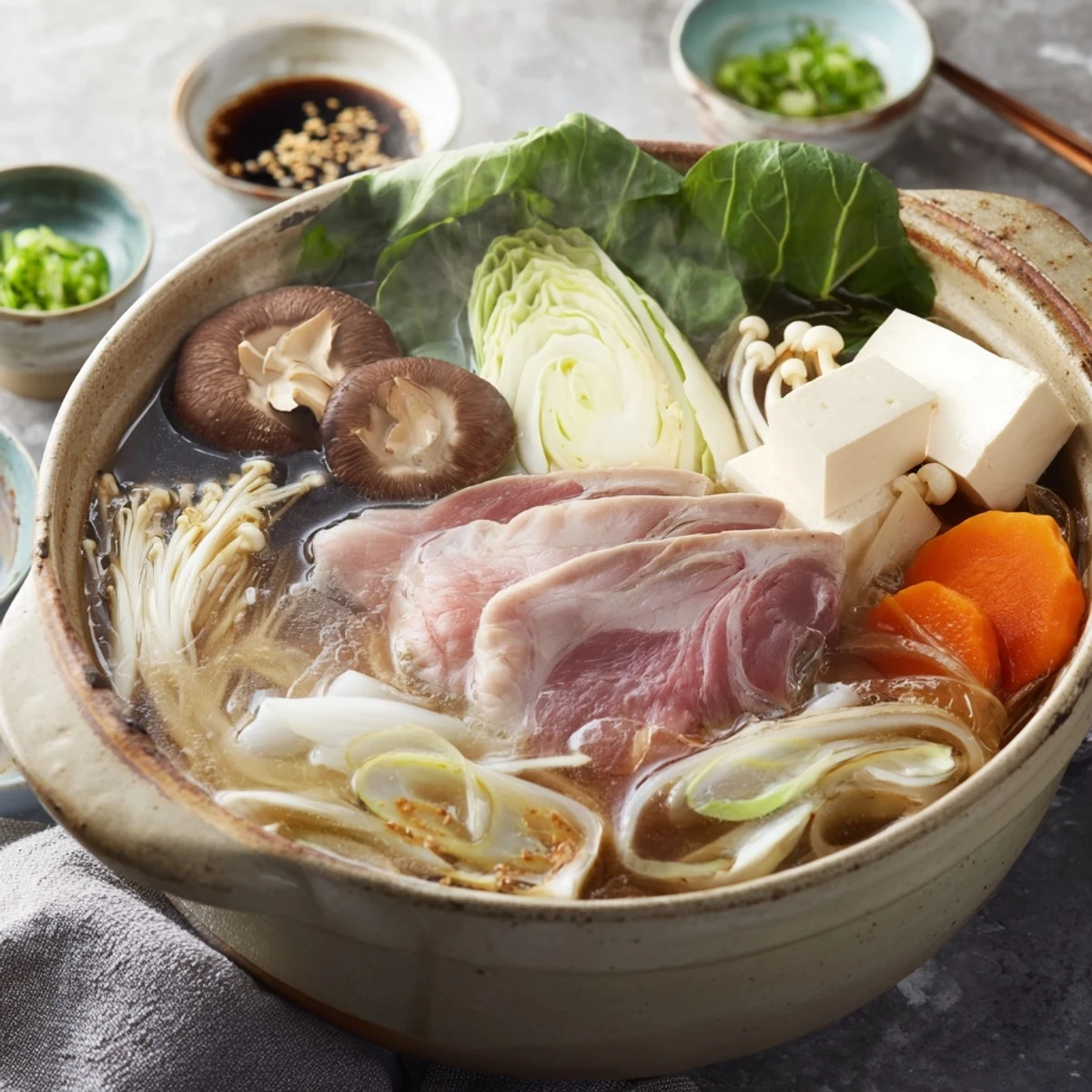 Steaming Japanese Shabu Shabu hot pot with thinly sliced beef and fresh colorful vegetables arranged around a simmering broth pot