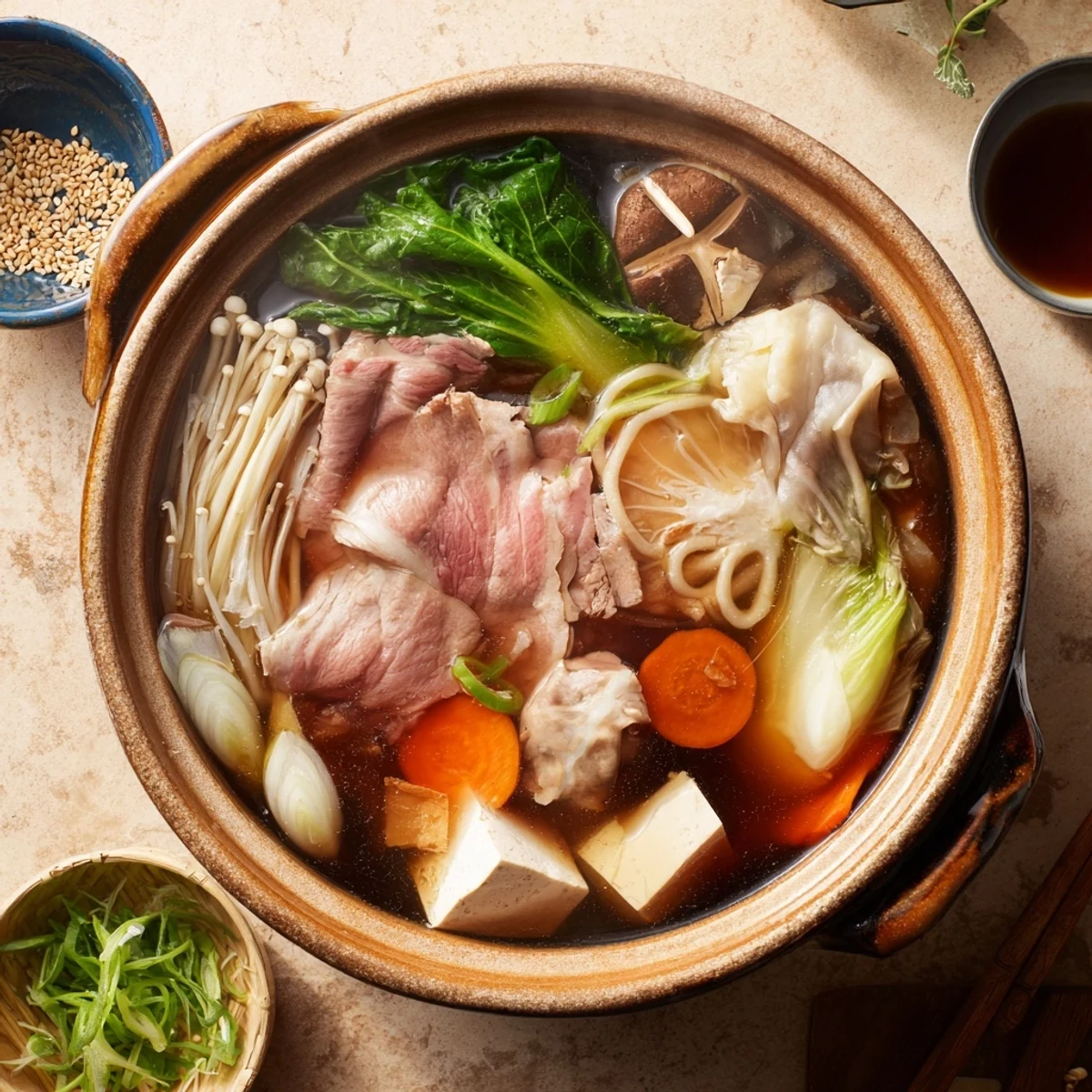 Tabletop Japanese Shabu Shabu featuring swished meat dipping into tangy ponzu sauce beside crisp cabbage, spinach, and enoki mushrooms