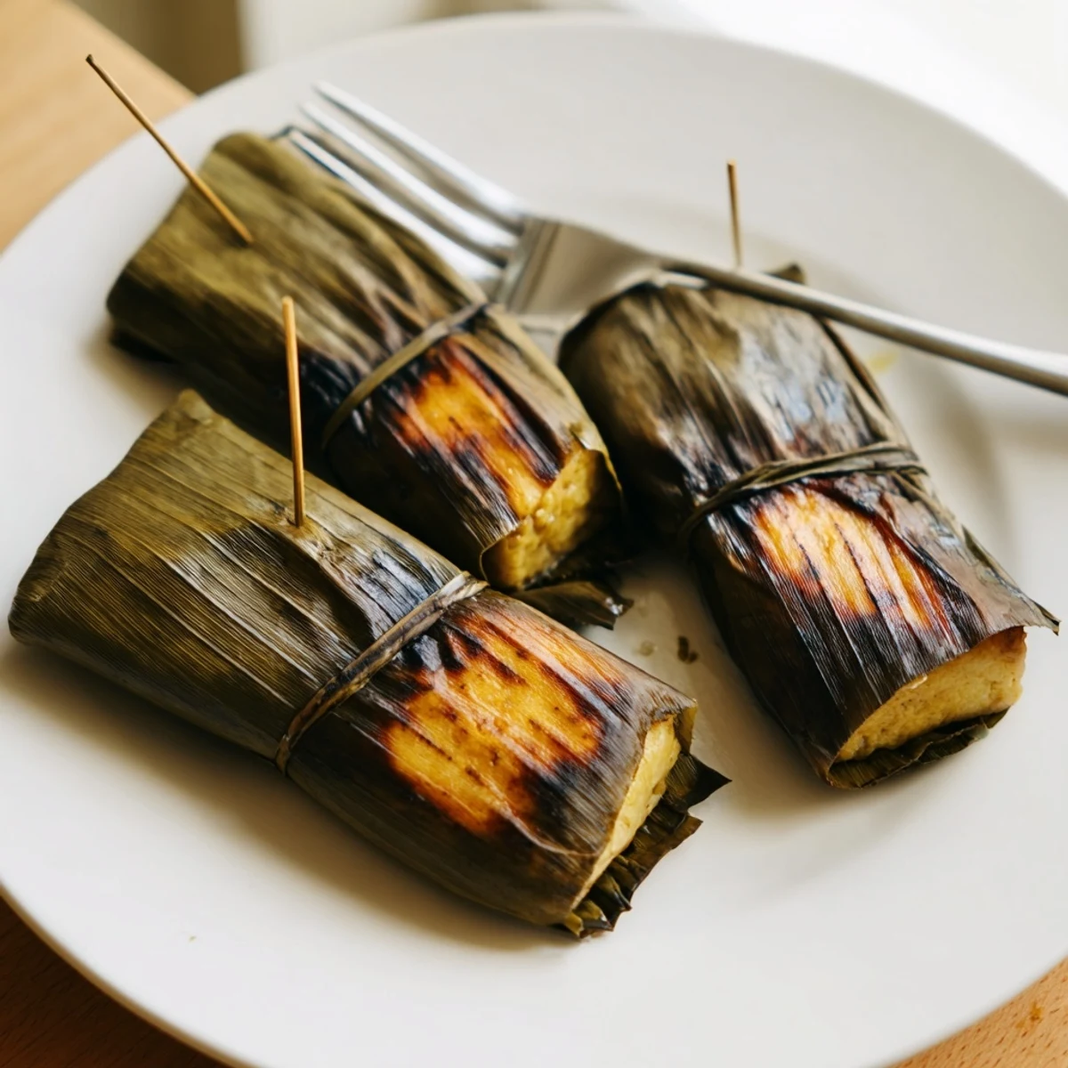 Grilled Malaysian Otak Otak fish cake parcels wrapped in charred banana leaves