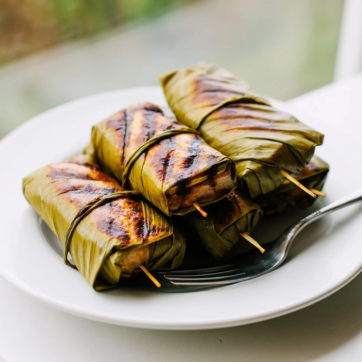 Creamy Malaysian Otak Otak spiced fish custard grilled inside green banana leaf packets