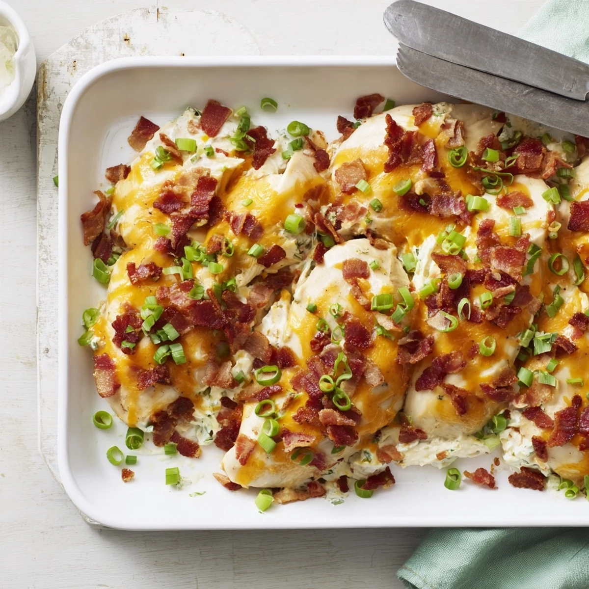Golden baked crack chicken topped with melted cheddar and crispy bacon bits