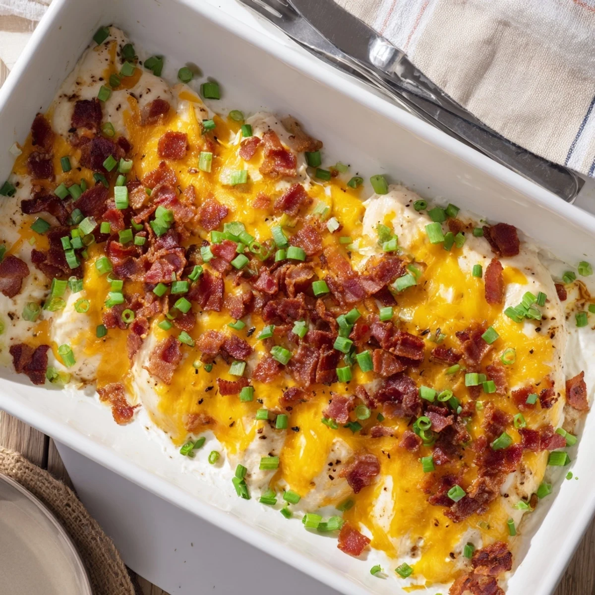 Creamy ranch chicken breasts bubbling with cheese and crumbled bacon in a baking dish