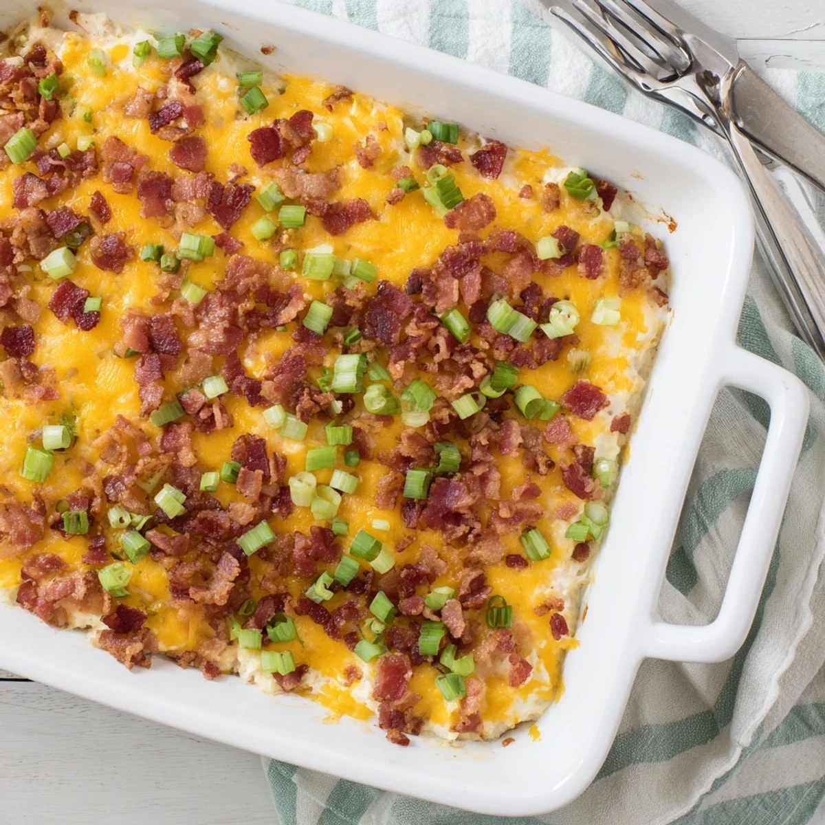 Savory crack chicken casserole with gooey cheese layer and golden bacon garnish