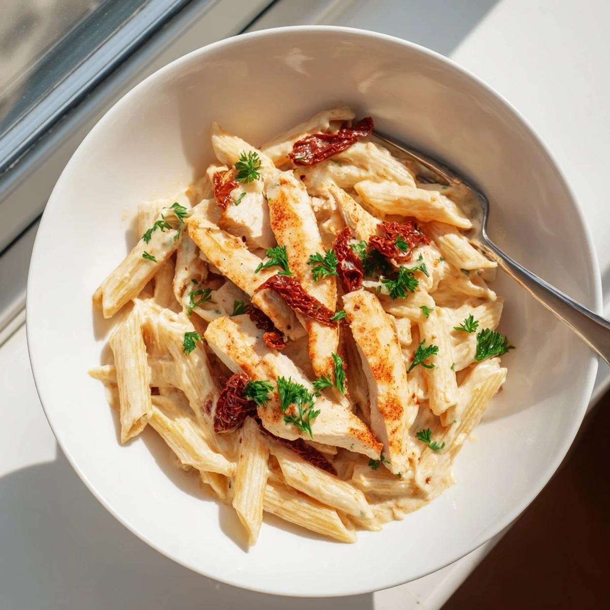 Creamy Marry Me Chicken Pasta tossed with sun-dried tomatoes and parmesan in a white skillet