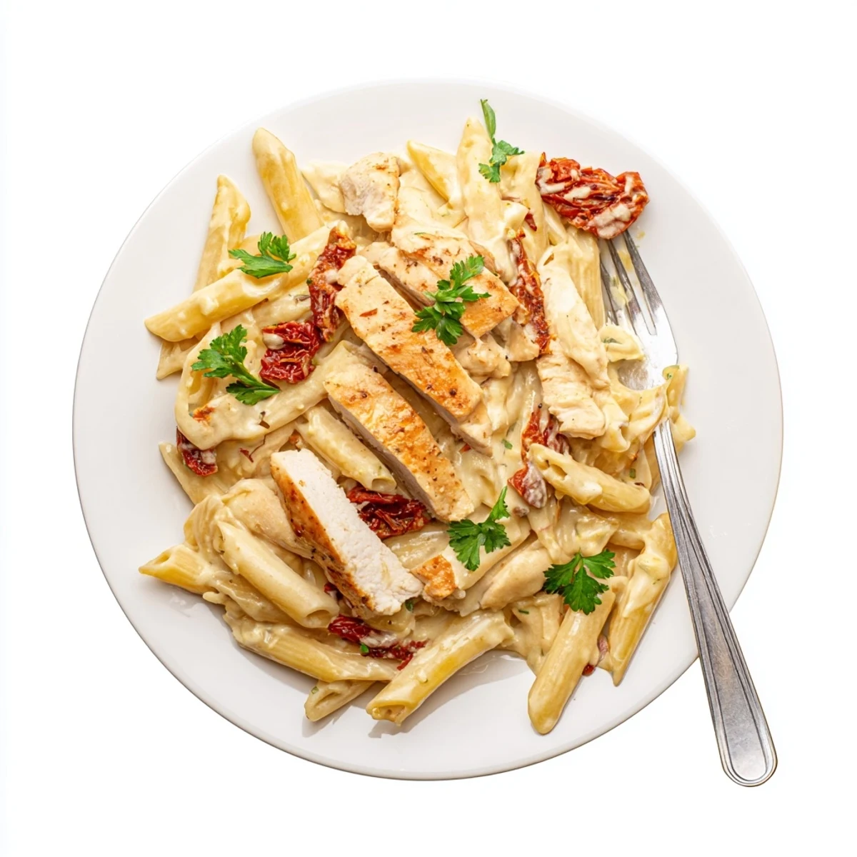 Golden sliced chicken breast atop penne pasta coated in rich garlic cream sauce with basil