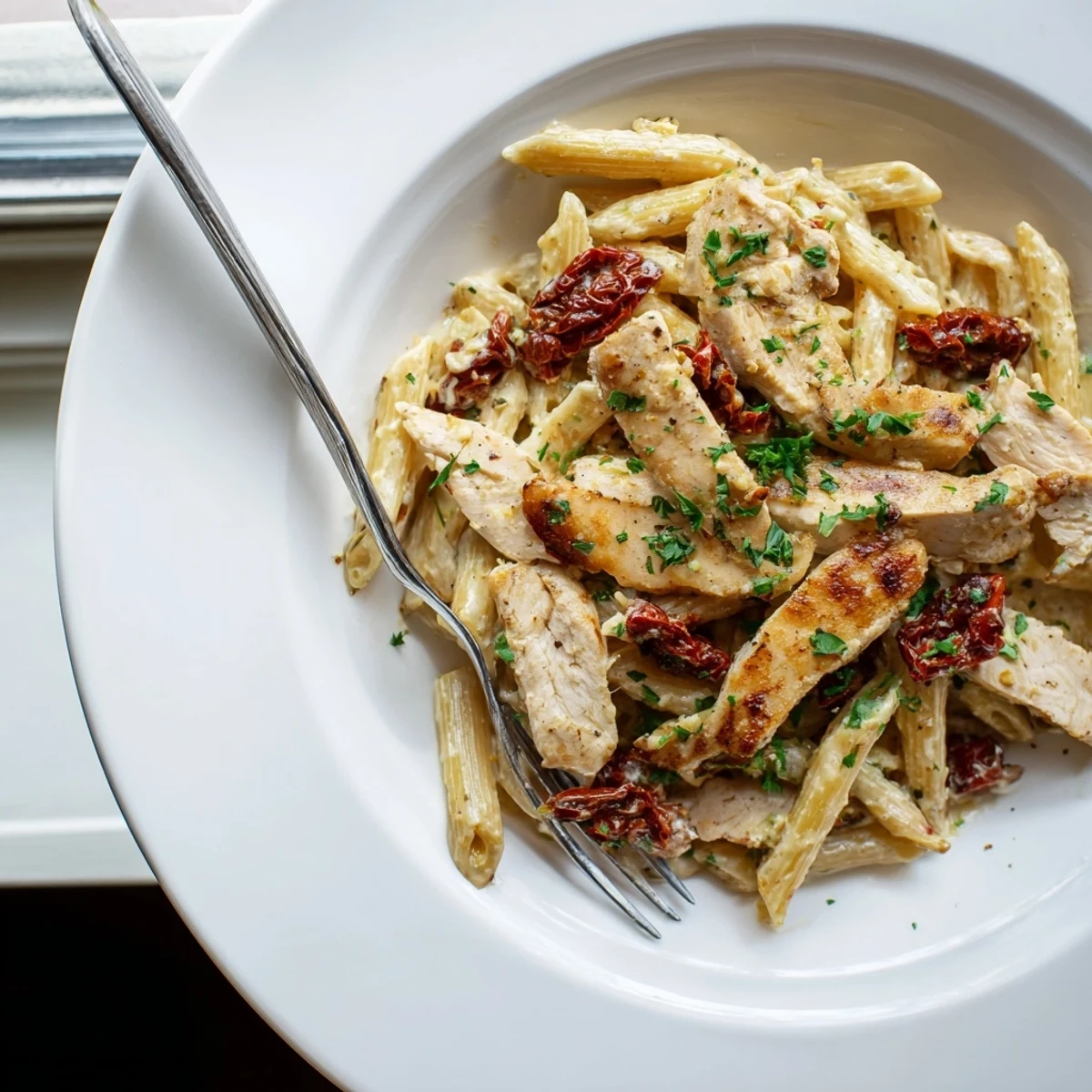 Marry Me Chicken Pasta dish featuring tender pasta strips swimming in luscious tomato cream sauce