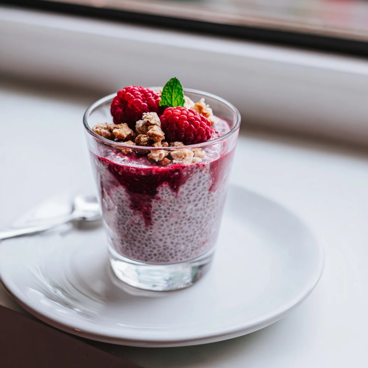 Creamy raspberry chia pudding topped with fresh berries in clear glass jars
