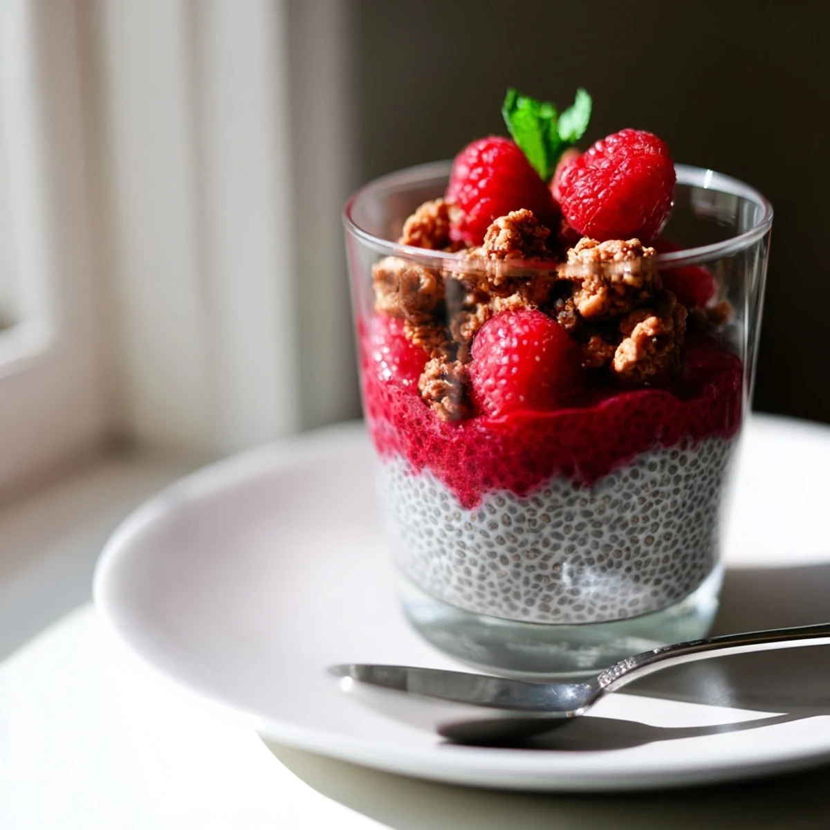 Vegan raspberry chia pudding dessert spoon showing layered texture and vibrant color