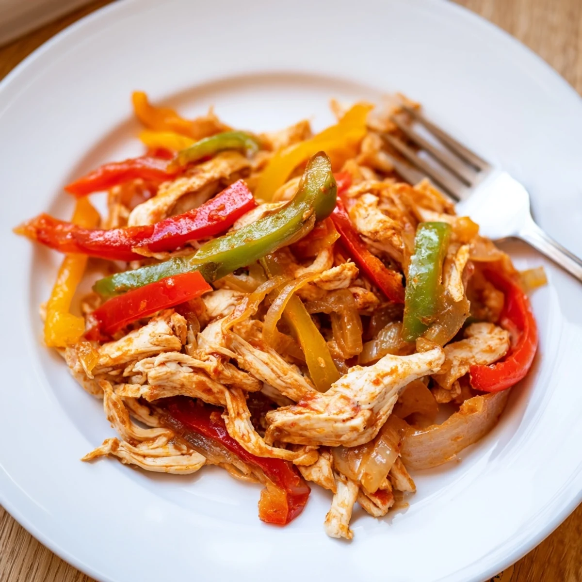 Slow cooker chicken fajitas with colorful bell peppers and shredded meat ready for warm tortillas
