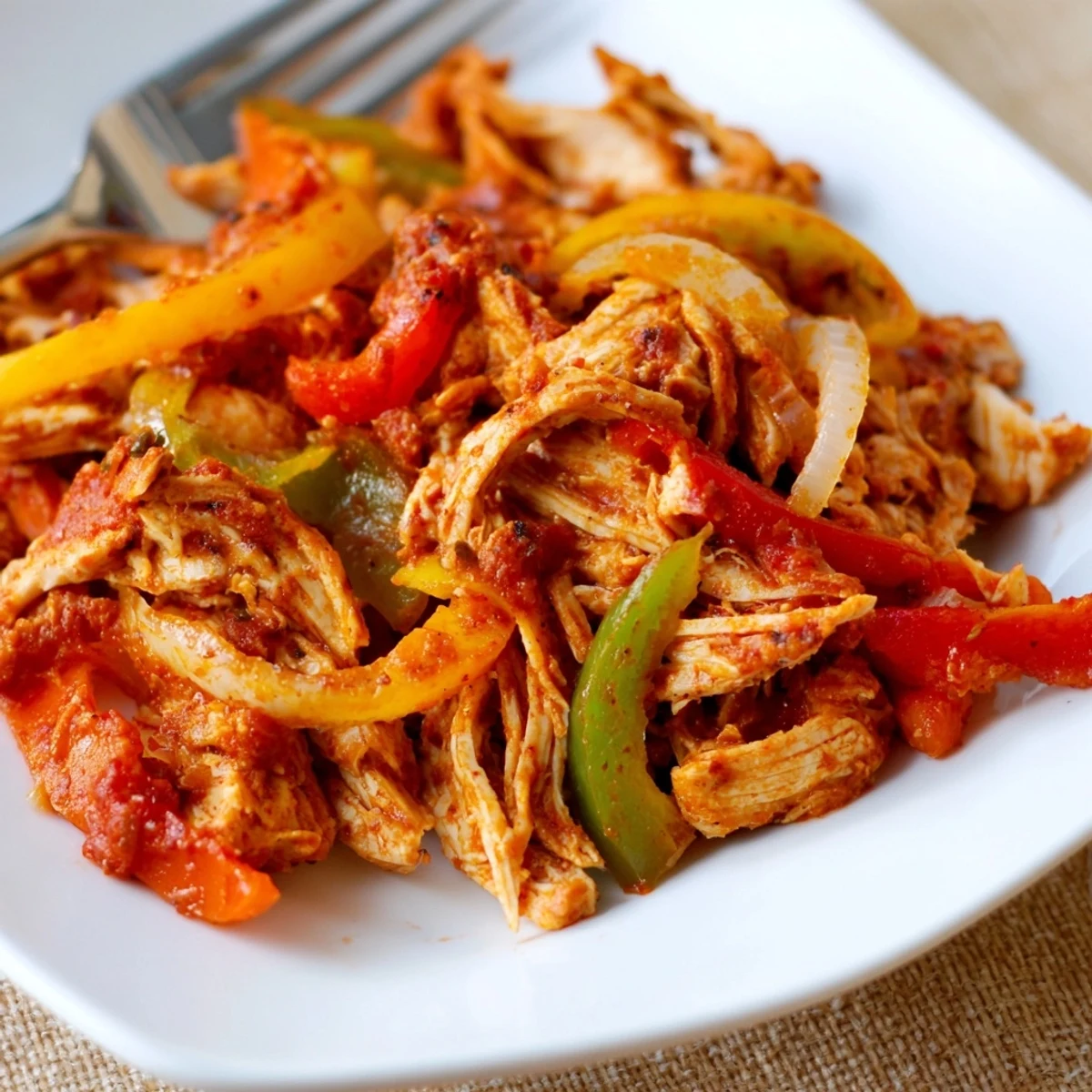 Tender crockpot chicken fajitas piled high with peppers and onions, garnished with fresh cilantro