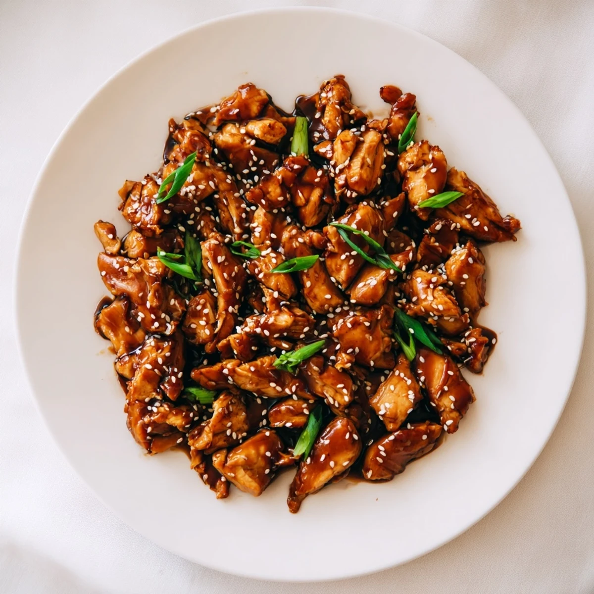 Golden shredded Crockpot Teriyaki Chicken coated in thick glossy teriyaki sauce with sesame seeds