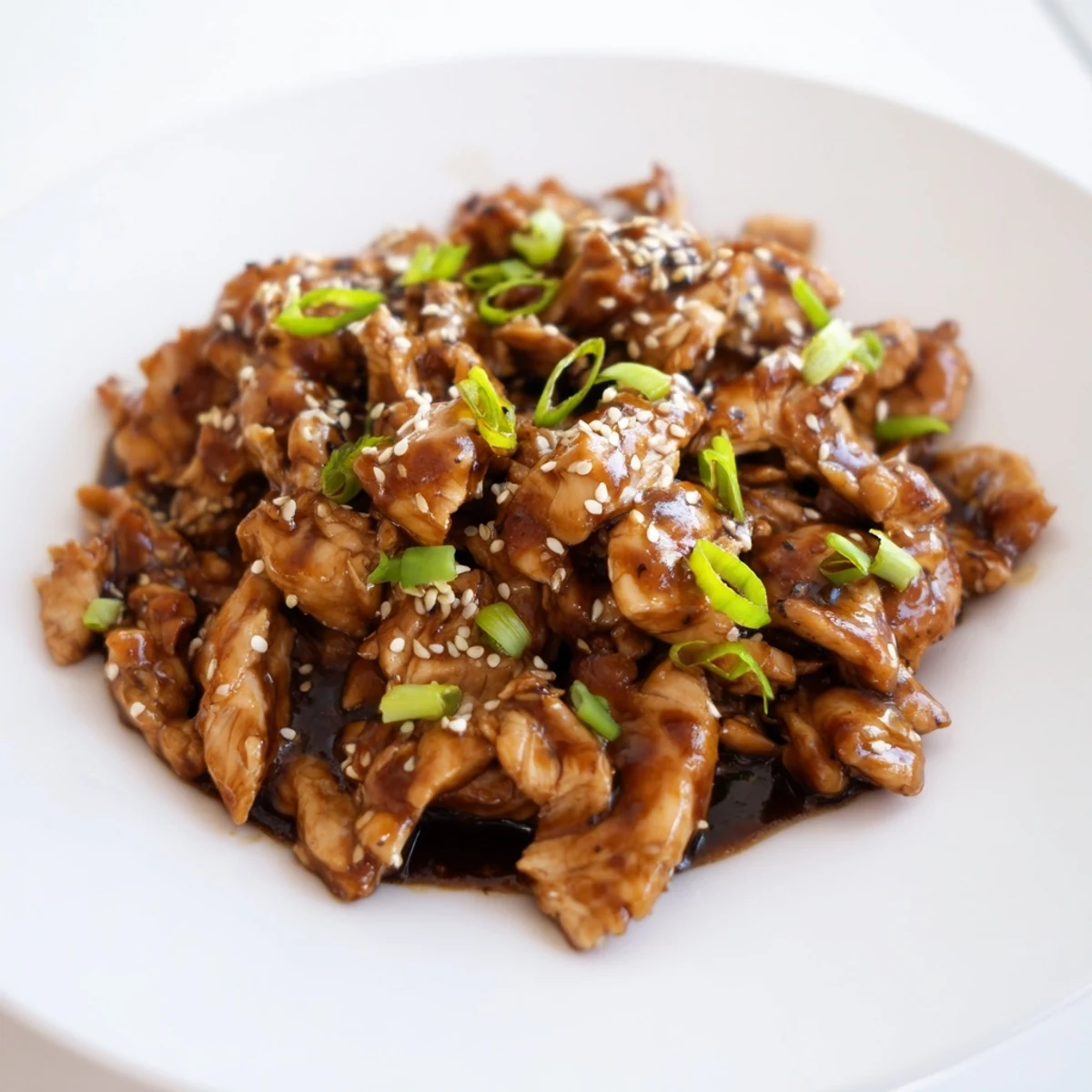 Tender slow cooker teriyaki chicken pieces glistening with sweet sticky glaze over steaming white rice