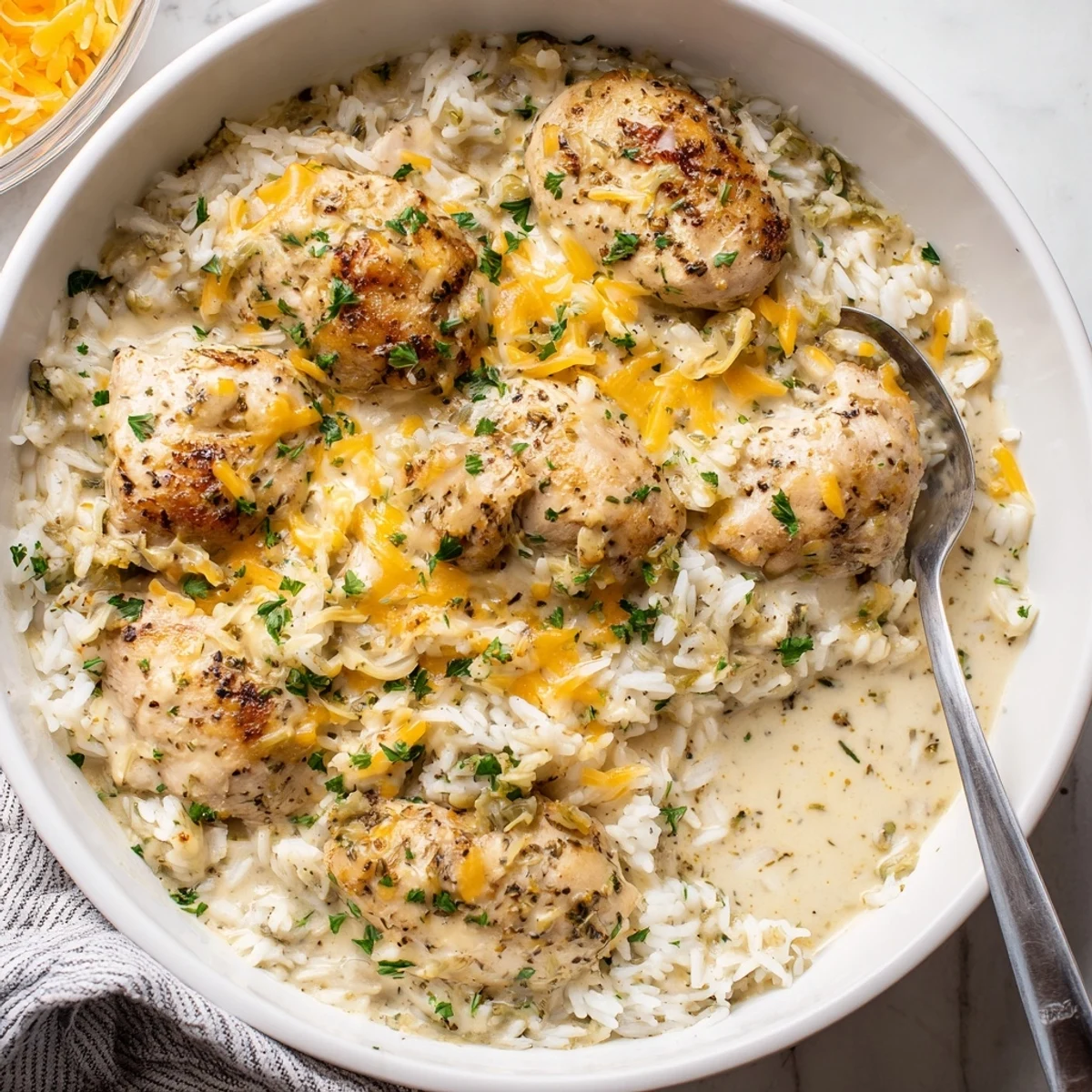 One-pan smothered chicken and rice bubbling with rich cream sauce and crispy golden edges