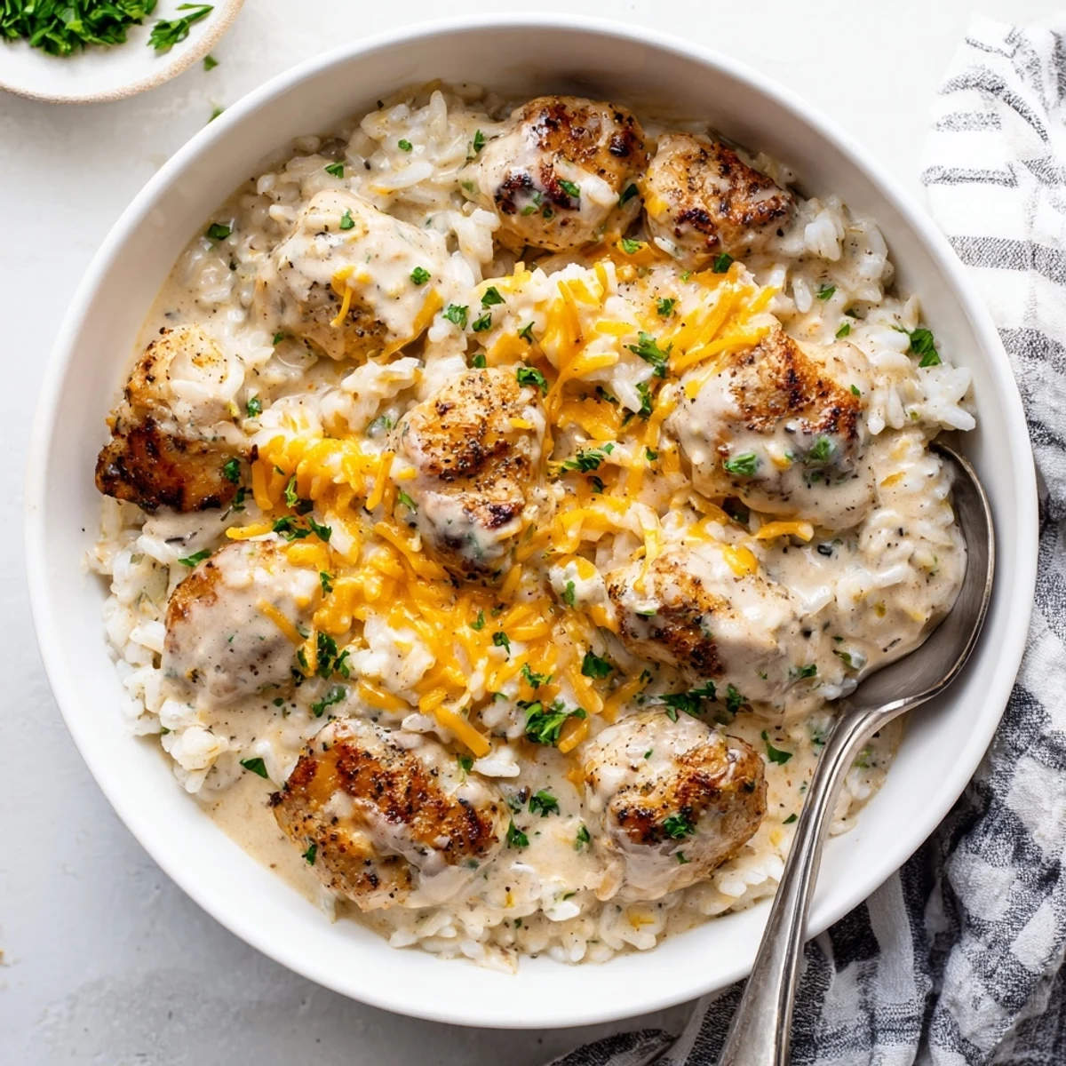 Golden chicken breasts nestled in creamy rice with melted cheddar cheese and fresh parsley garnish