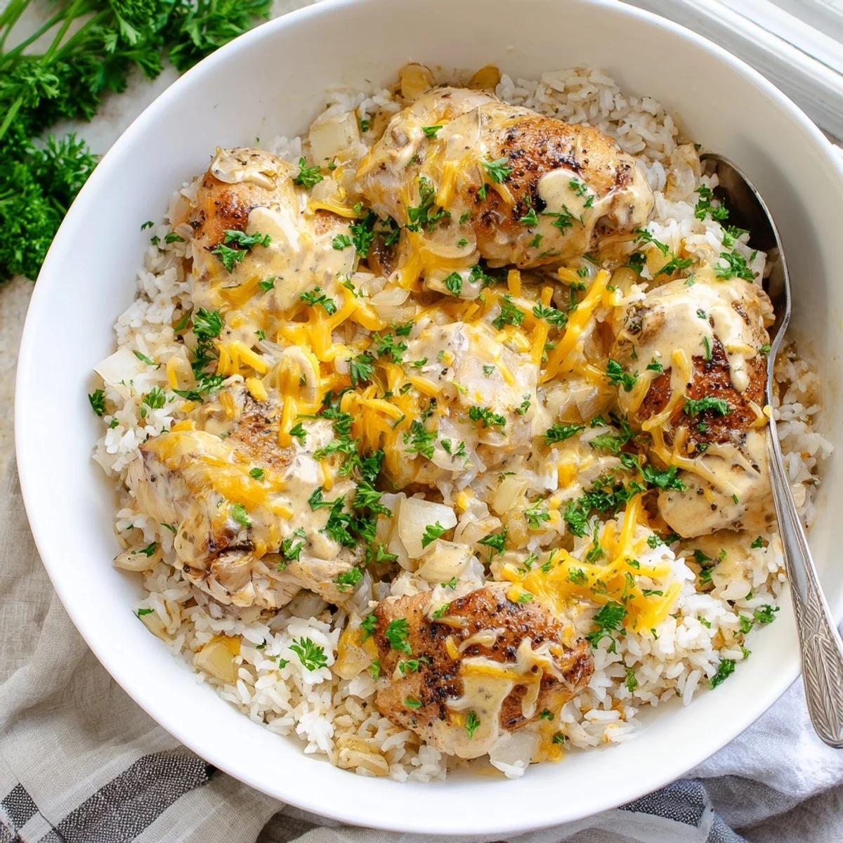Tender chicken pieces smothered in velvety sauce over fluffy rice topped with melted cheddar