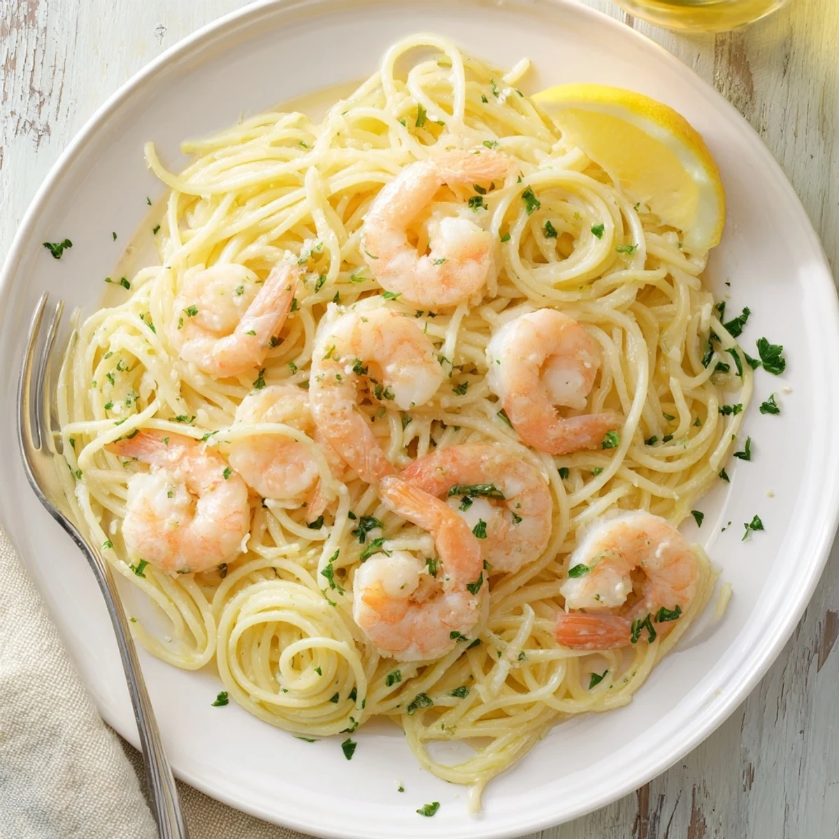 Golden shrimp scampi pasta glistening with garlic butter lemon sauce on a white plate