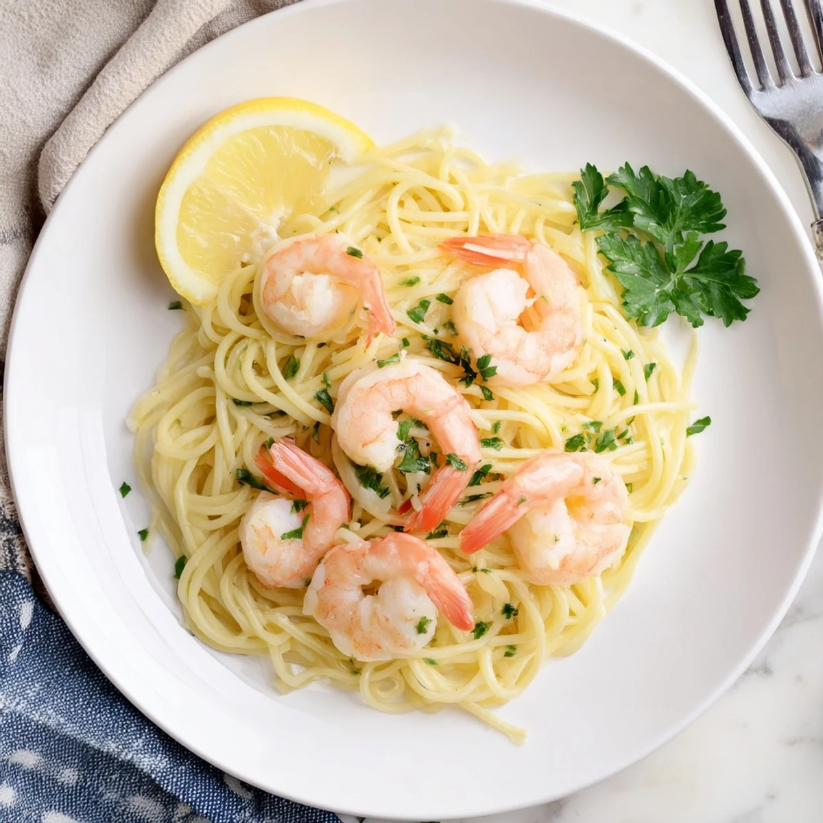 Succulent shrimp tossed with al dente spaghetti in a vibrant white wine garlic butter sauce