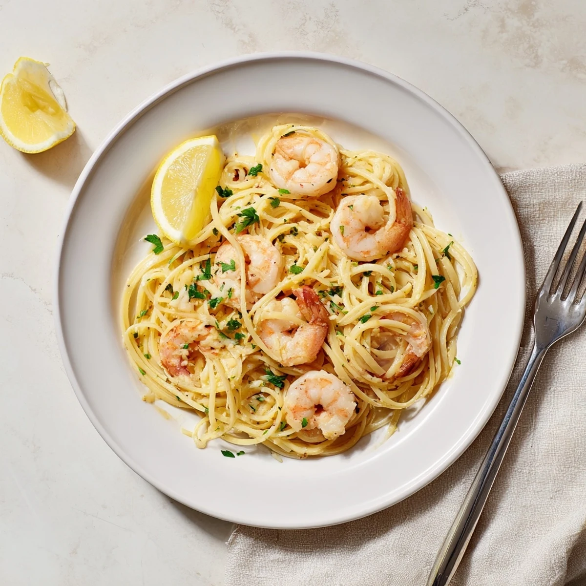 Steaming bowl of shrimp scampi pasta topped with fresh parsley and grated Parmesan cheese
