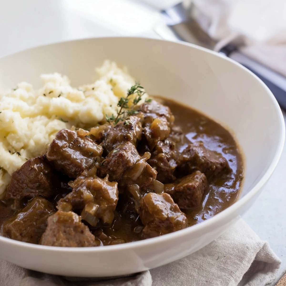 Tender beef tips in rich brown gravy ladled over buttery mashed potatoes for a comforting meal