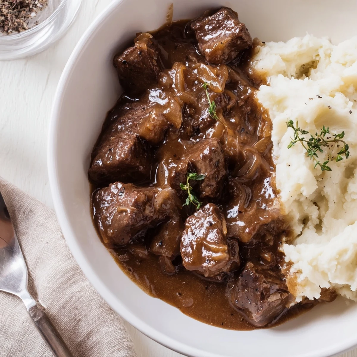 Golden brown beef tips swimming in savory slow cooker gravy alongside fluffy white mashed potatoes