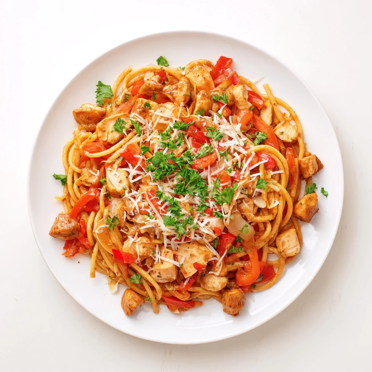 Savory Instant Pot Chicken Spaghetti tossed in rich tomato sauce with melted Parmesan