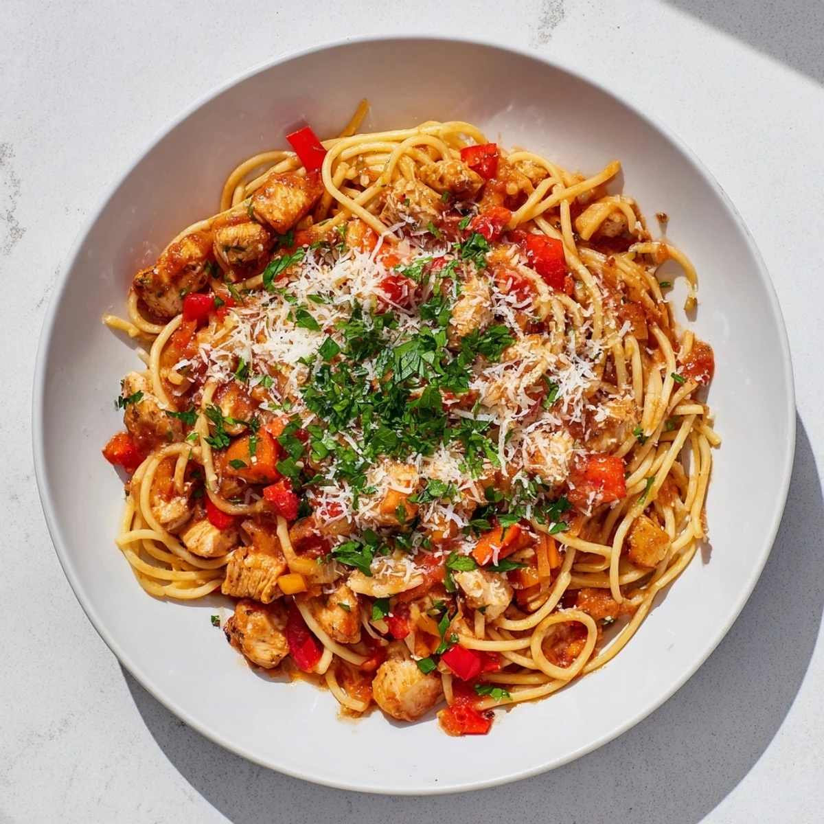 Steaming bowl of Savory Instant Pot Chicken Spaghetti garnished with fresh parsley