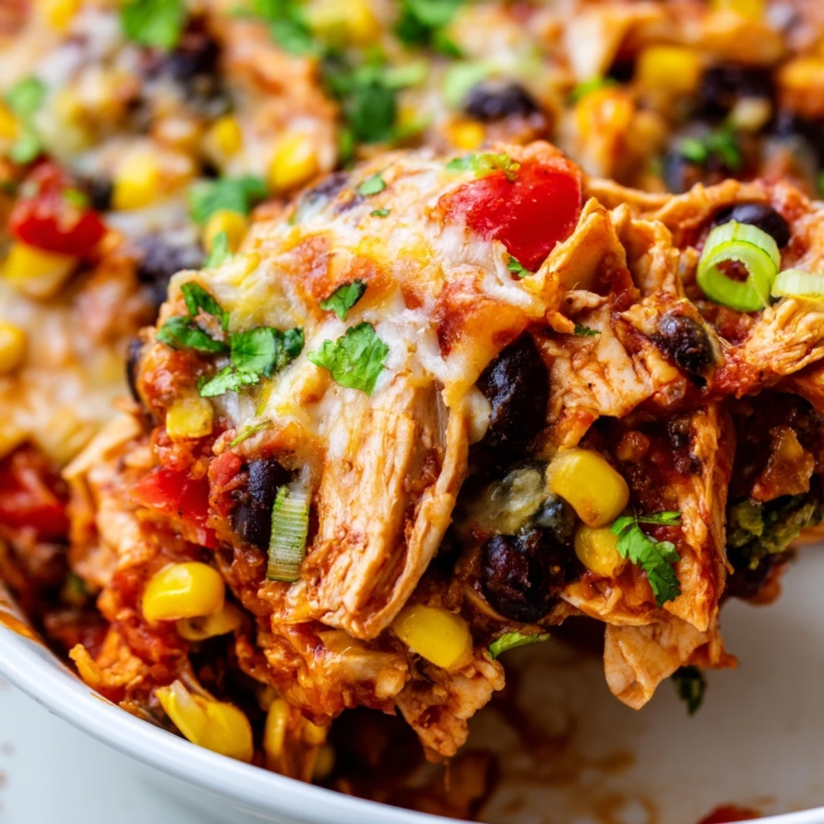 Served piping hot crockpot chicken enchilada casserole garnished with fresh cilantro and sour cream