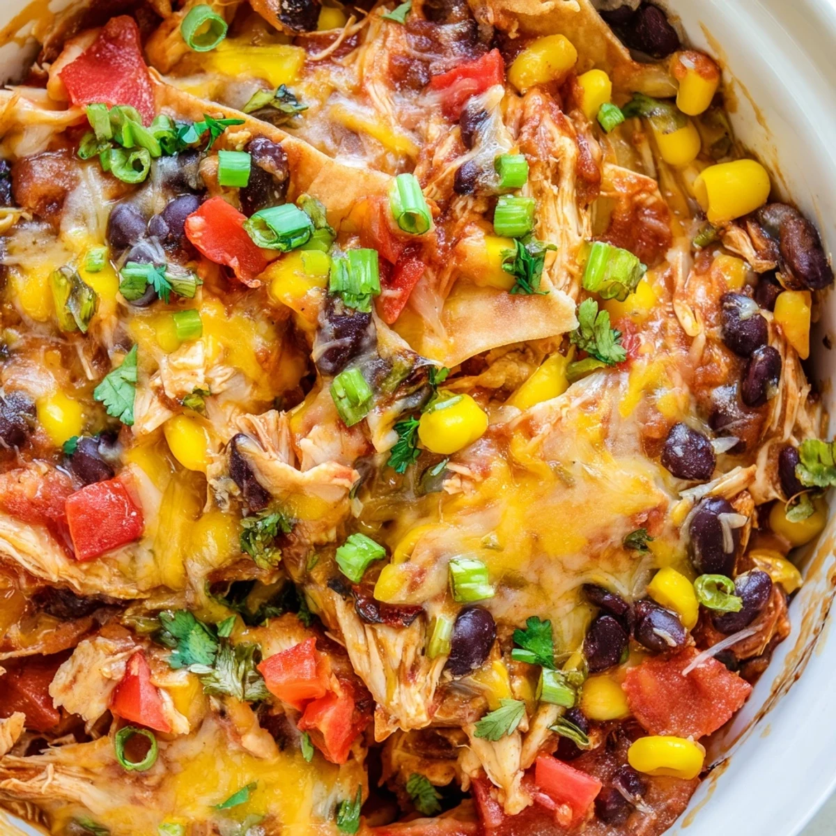 Golden brown crockpot chicken enchilada casserole featuring tender shredded chicken and zesty red sauce