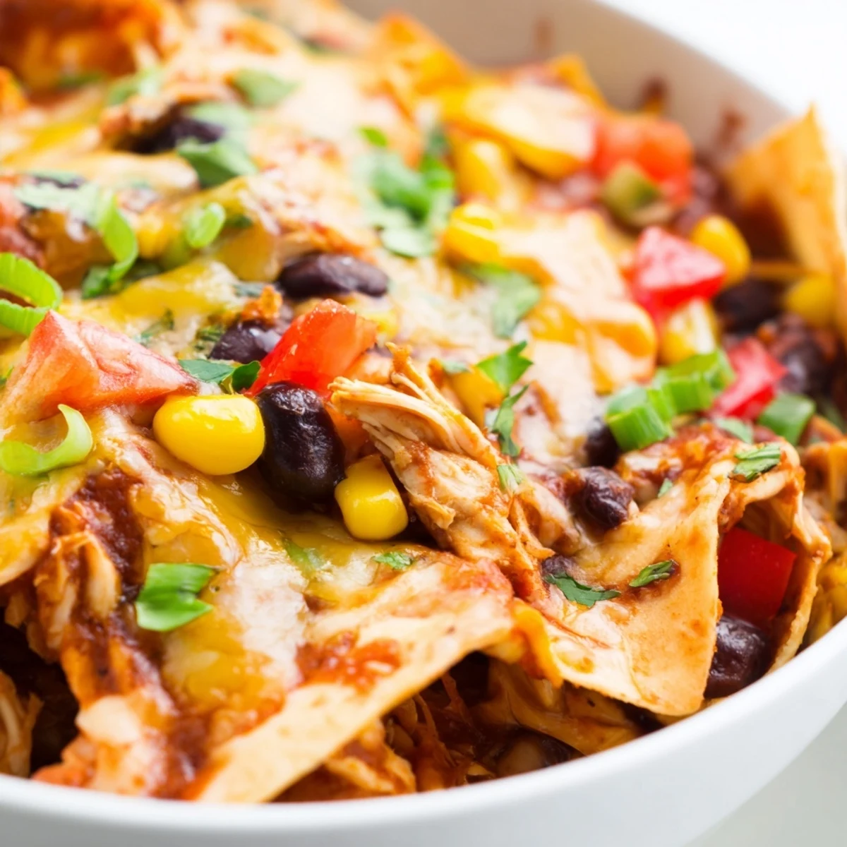Layered slow cooker chicken enchilada casserole bubbling with melted Mexican cheese and colorful vegetables