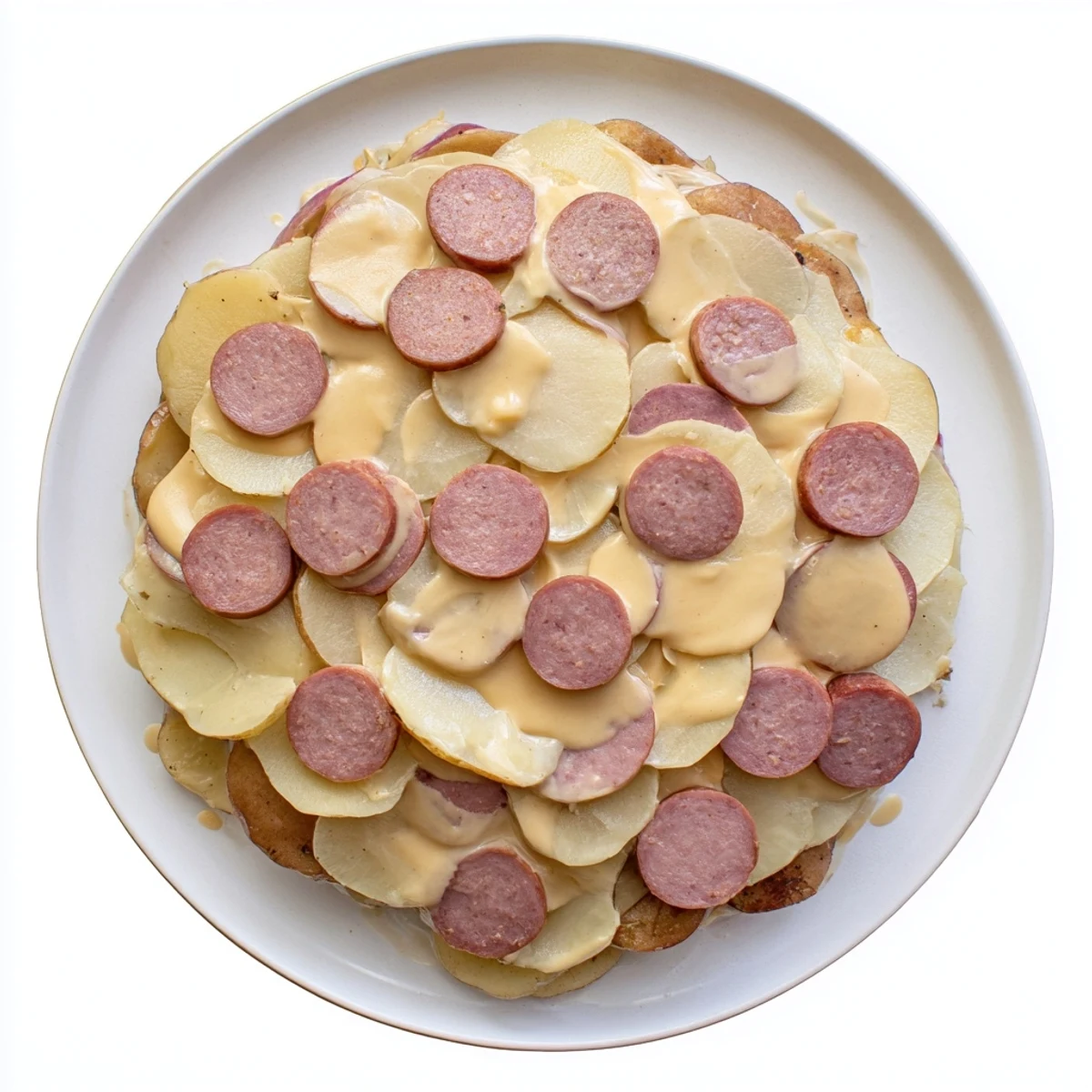 Golden layers of tender slow cooker scalloped potatoes with smoky kielbasa slices and melted cheddar cheese bubbling on top