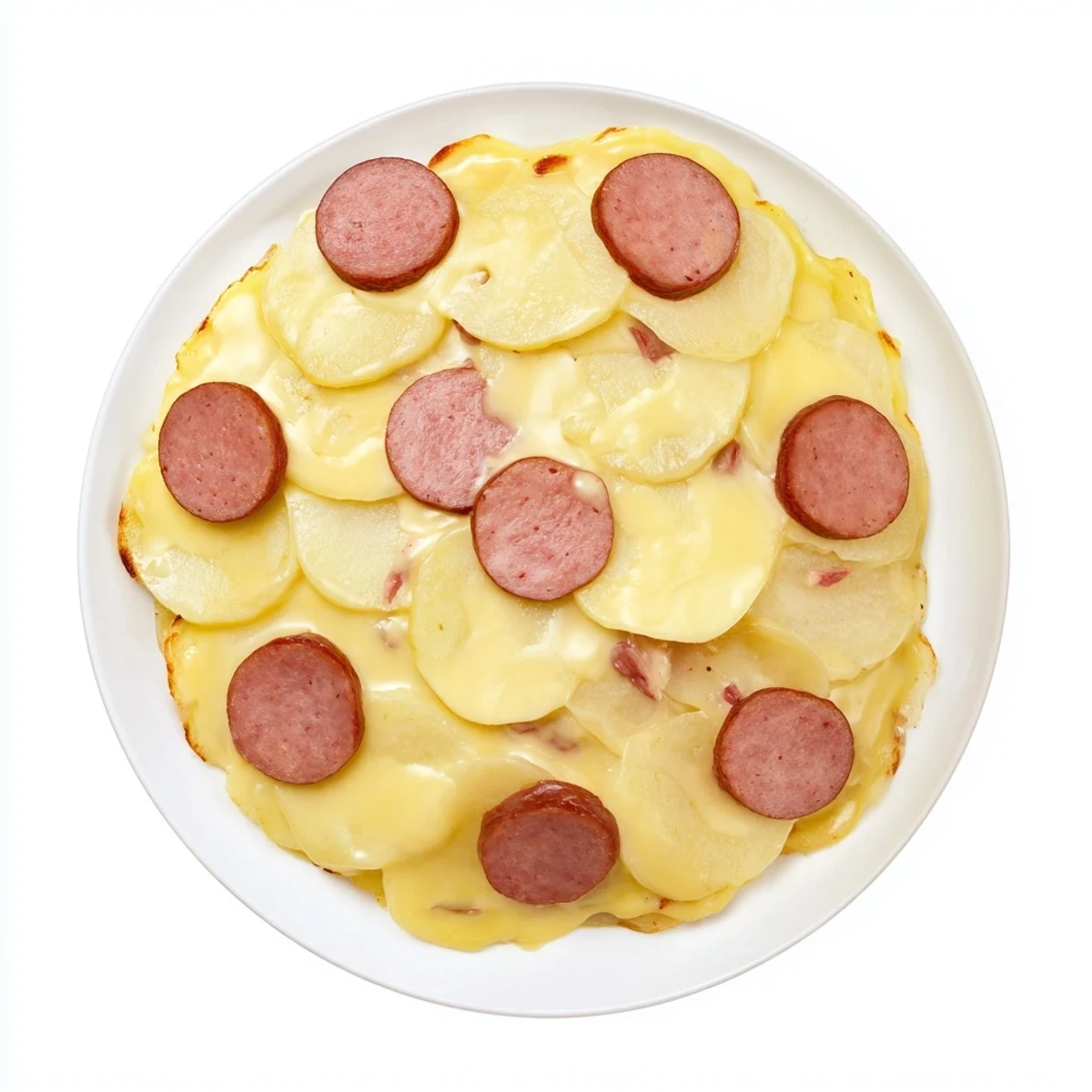 Creamy slow cooker scalloped potatoes kielbasa casserole featuring russet potato layers, sausage rounds, and rich cheese sauce
