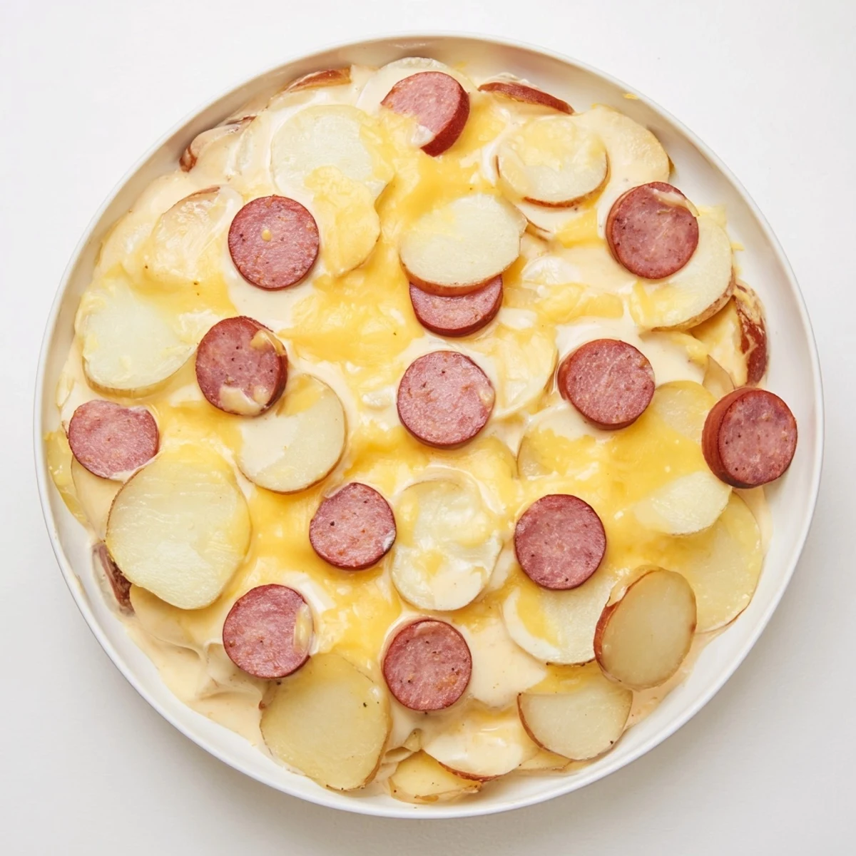 Hearty slow cooker scalloped potatoes kielbasa dish showing stacked potato slices with sausage in a thick, cheesy cream sauce