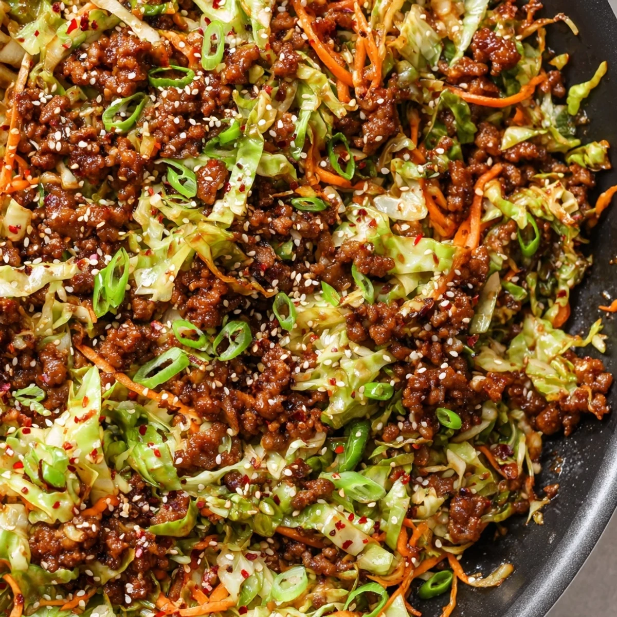 Golden brown pork and crisp cabbage stir-fried in a savory keto egg roll in a bowl one skillet