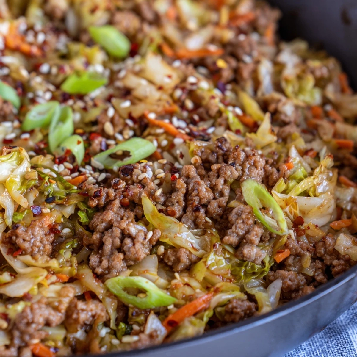 Vibrant shredded cabbage and carrots tossed with seasoned pork in this egg roll in a bowl one skillet keto