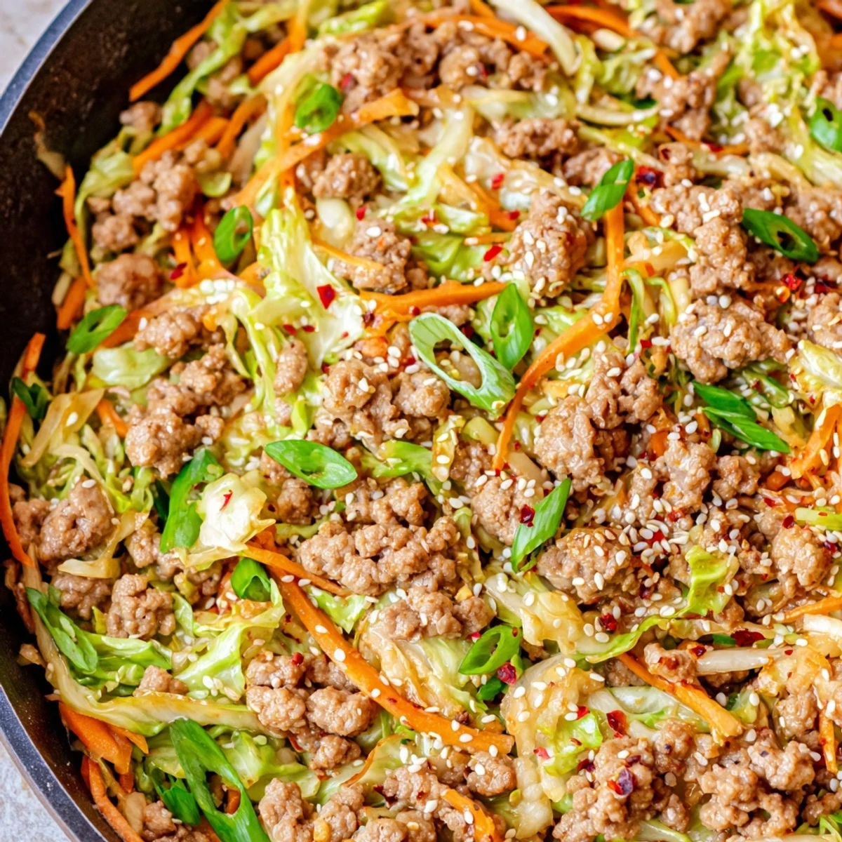 Sizzling skillet of ground pork with tender vegetables in a delicious egg roll in a bowl one skillet keto