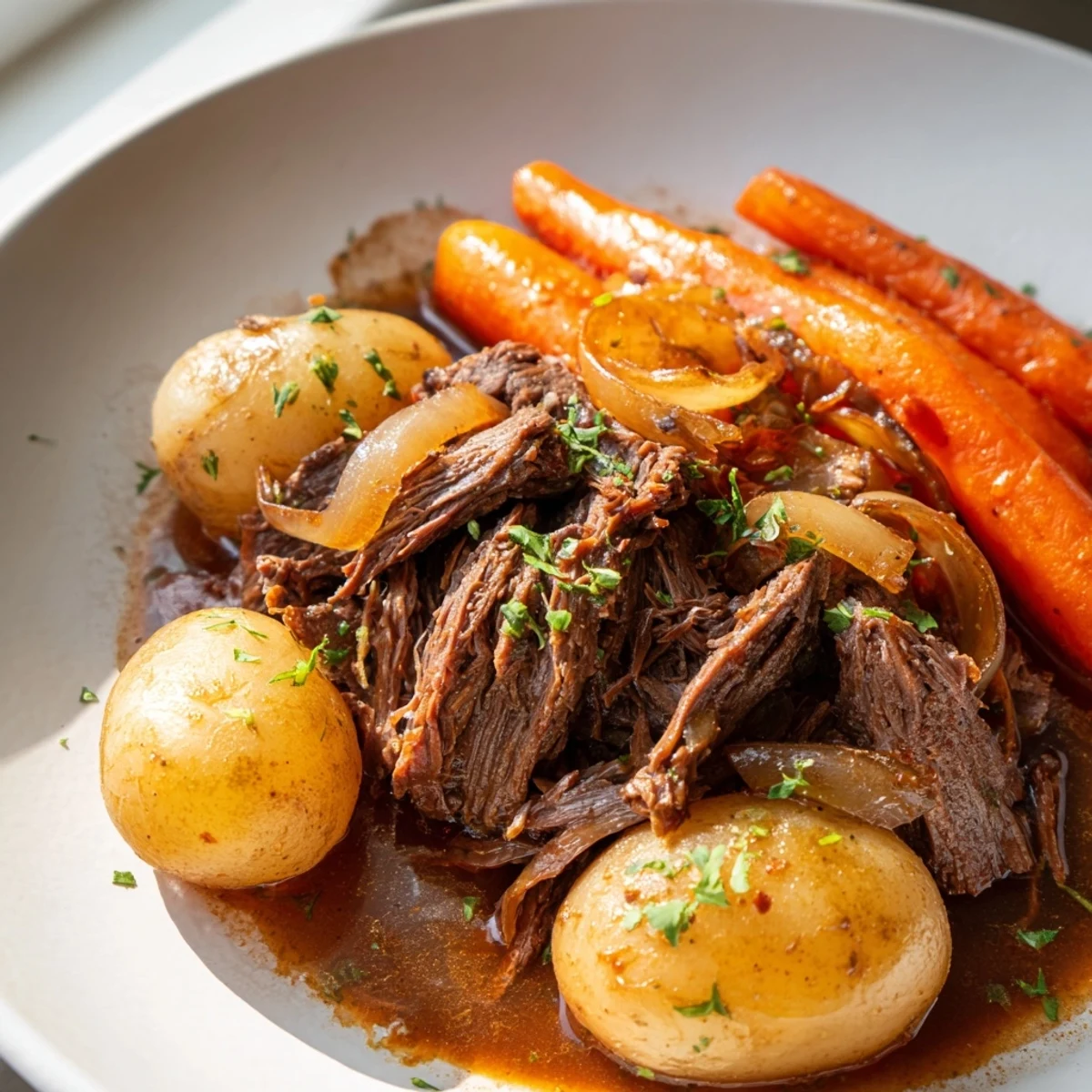 Hearty slow cooker steak and potatoes served with colorful carrots and fresh parsley garnish