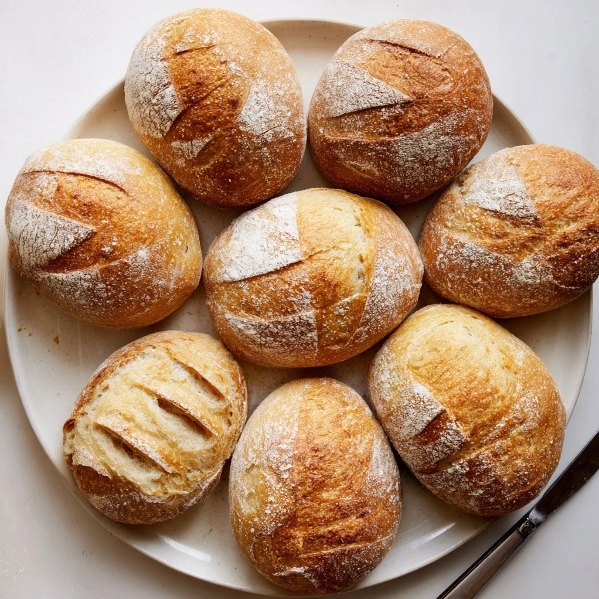 Golden crusty French bread rolls with flour-dusted tops on a wooden cutting board