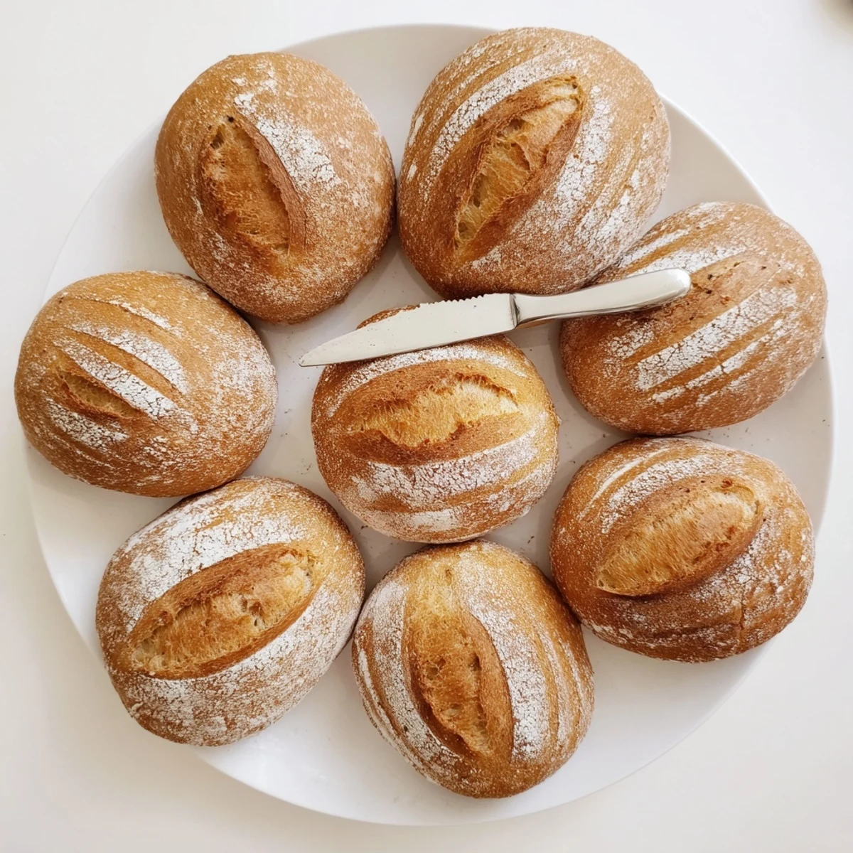 Warm homemade crusty French bread rolls served with melting butter on a white plate