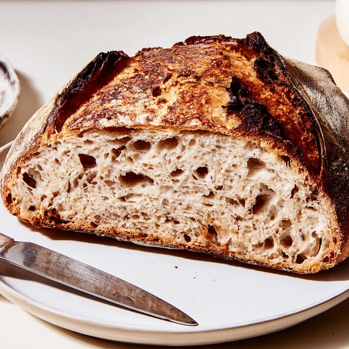 Golden brown sourdough bread loaf with crispy crust and airy chewy interior