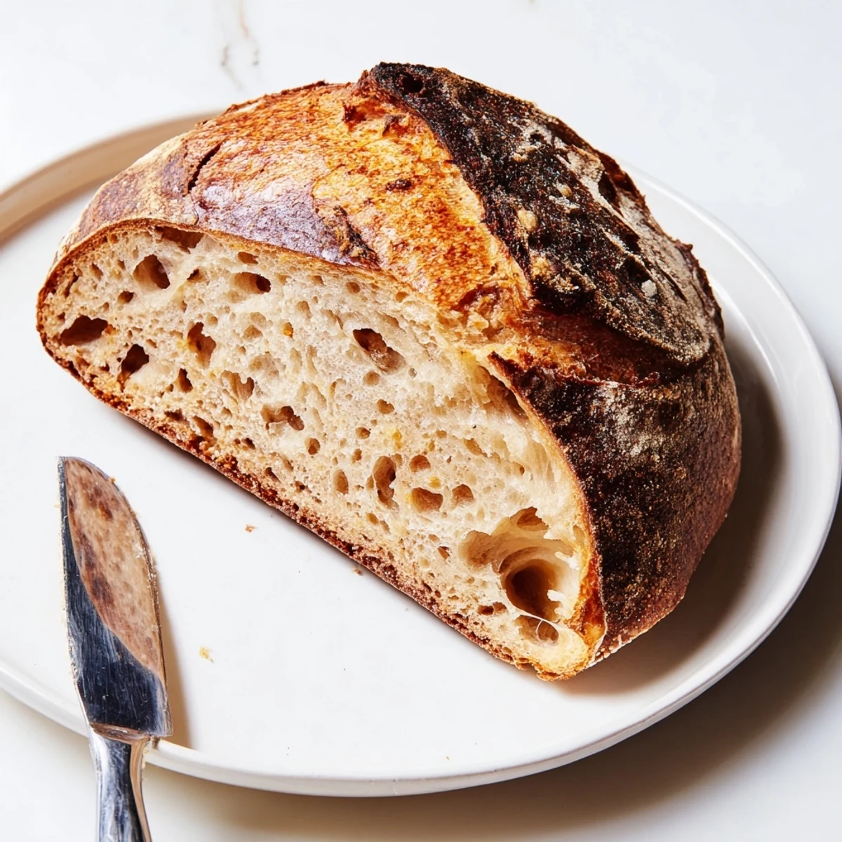 Sliced artisan sourdough bread revealing soft open crumb and crackling crust
