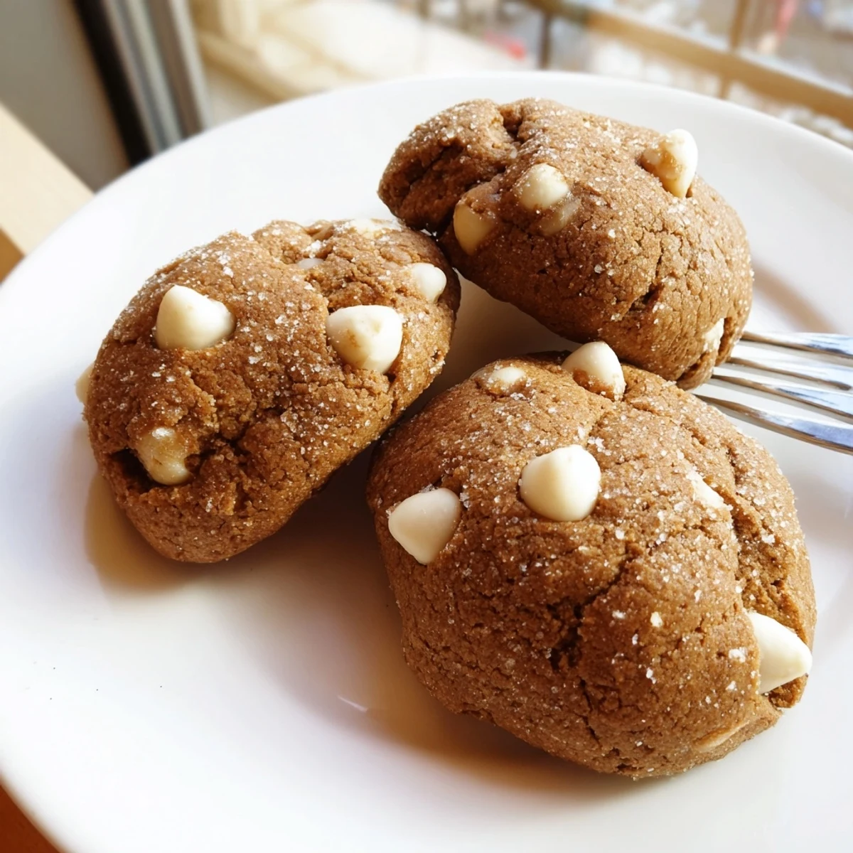 Soft bakery-style gingerbread white chocolate cookies with creamy chips and crackled sugar tops
