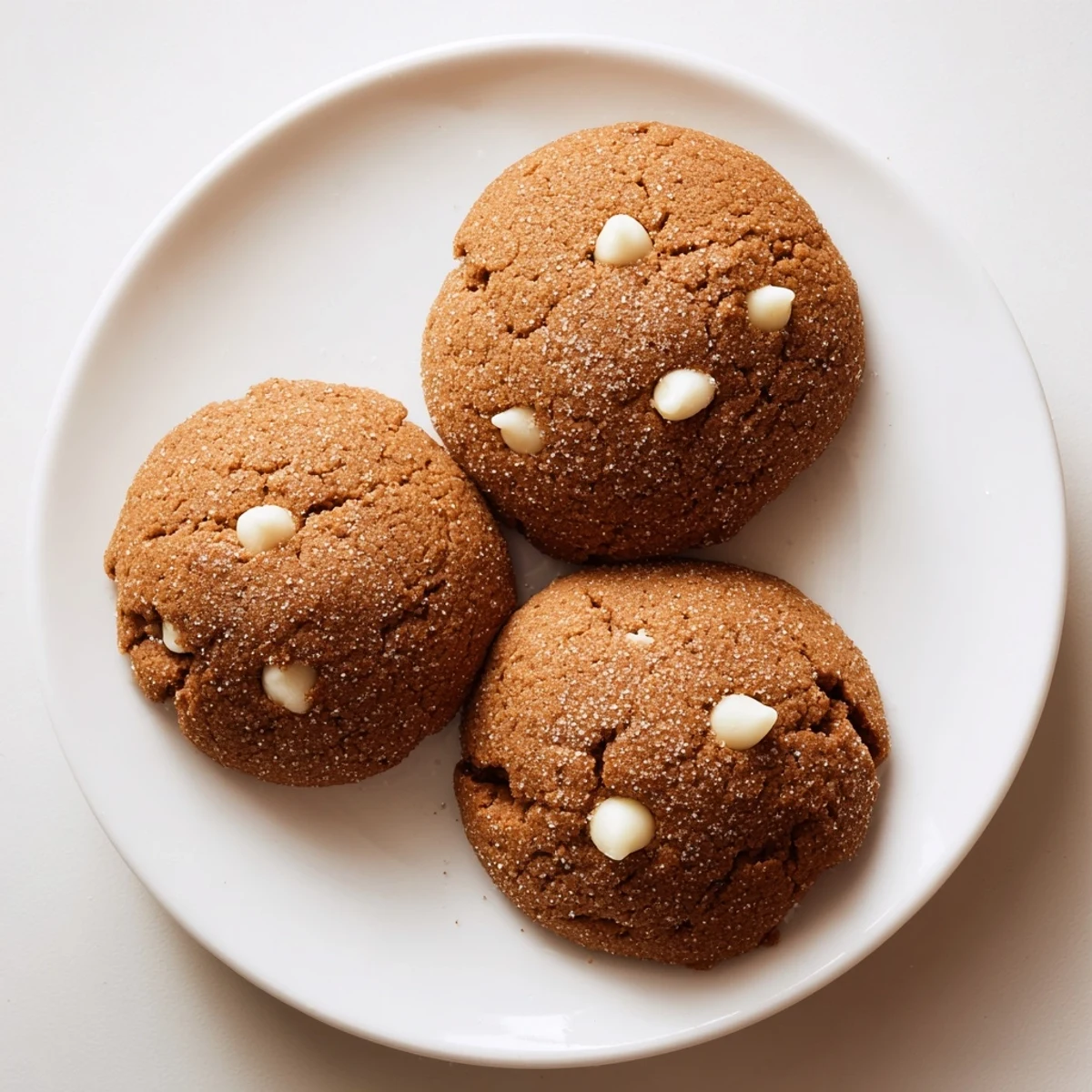 Plate of warm gingerbread white chocolate cookies dusted with sparkling sugar and ready to serve