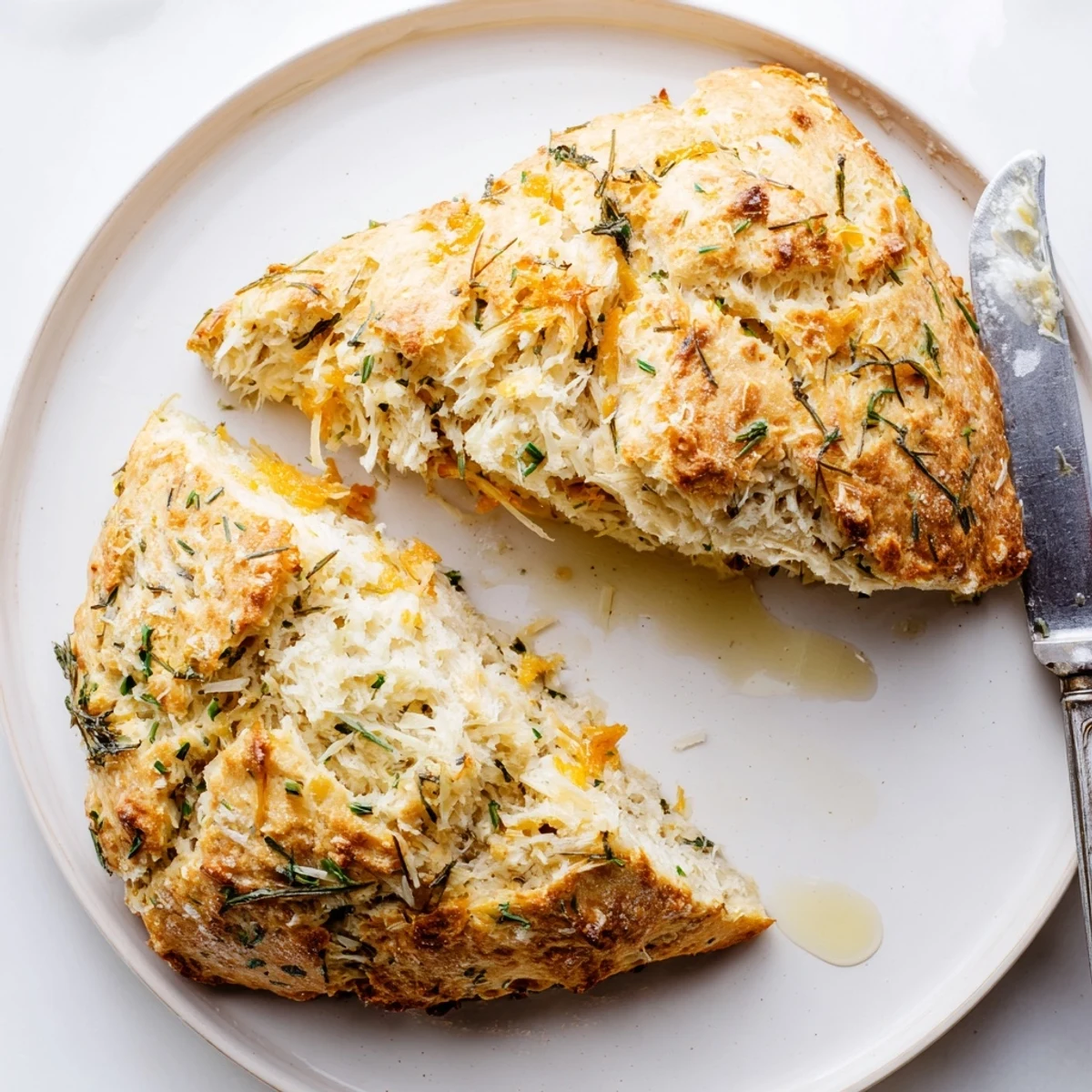 Rustic soda bread sliced open revealing melted cheddar and fresh green herbs throughout