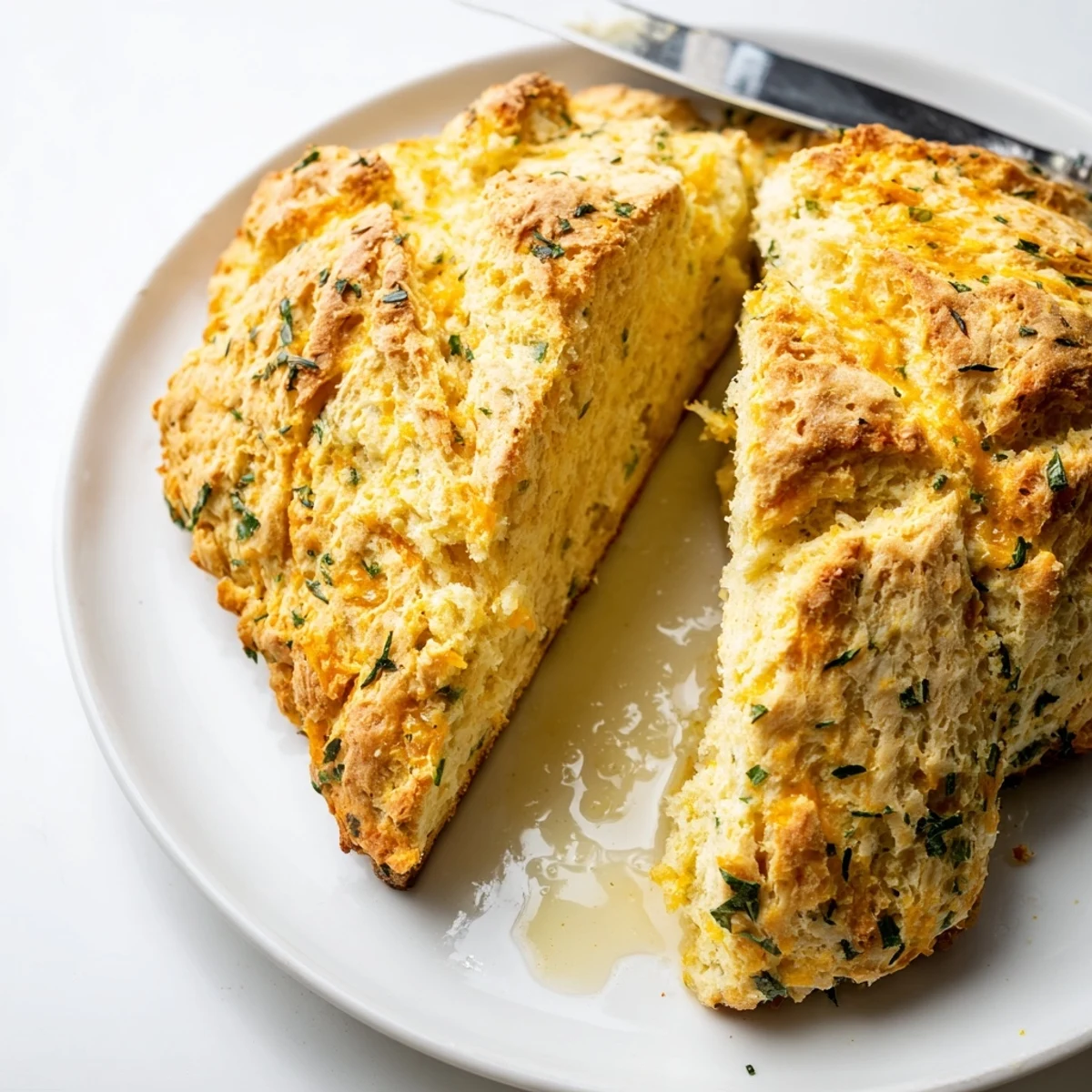 Golden cheddar and herb soda bread loaf freshly baked with a cross-cut top