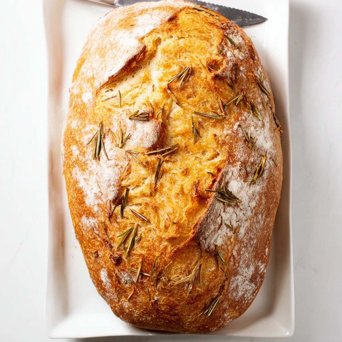 Golden brown Dutch oven garlic rosemary bread with crisp crust and soft interior