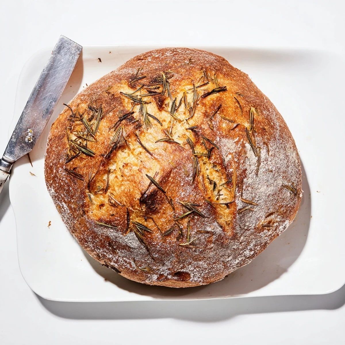Freshly baked garlic rosemary bread loaf featuring aromatic herbs and crackling golden crust