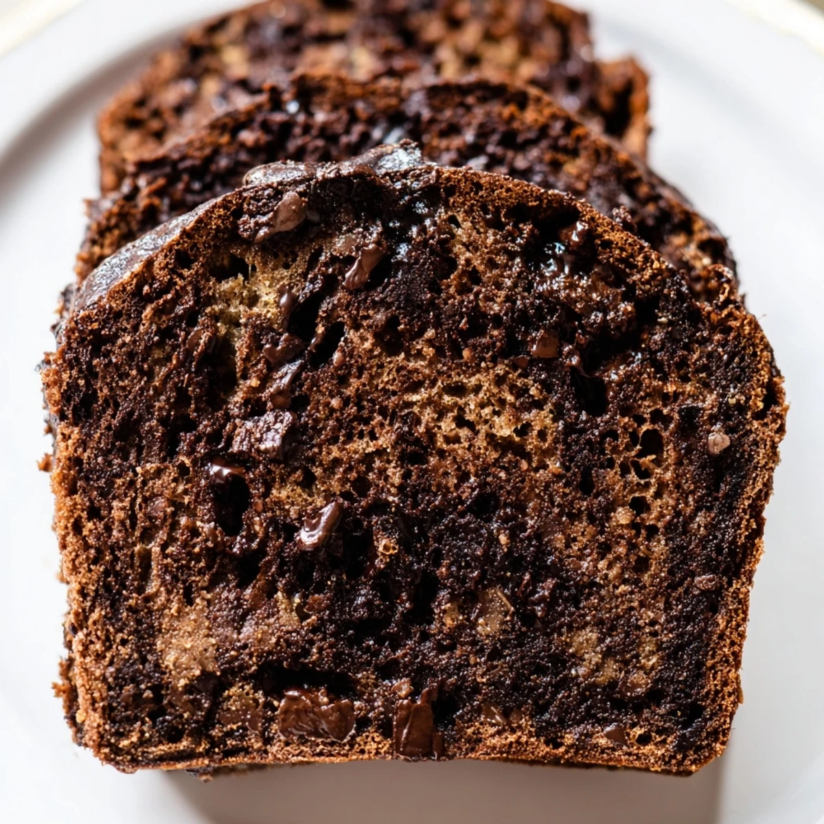 Moist chocolate espresso banana bread loaf studded with melted chocolate chips on a wooden cutting board